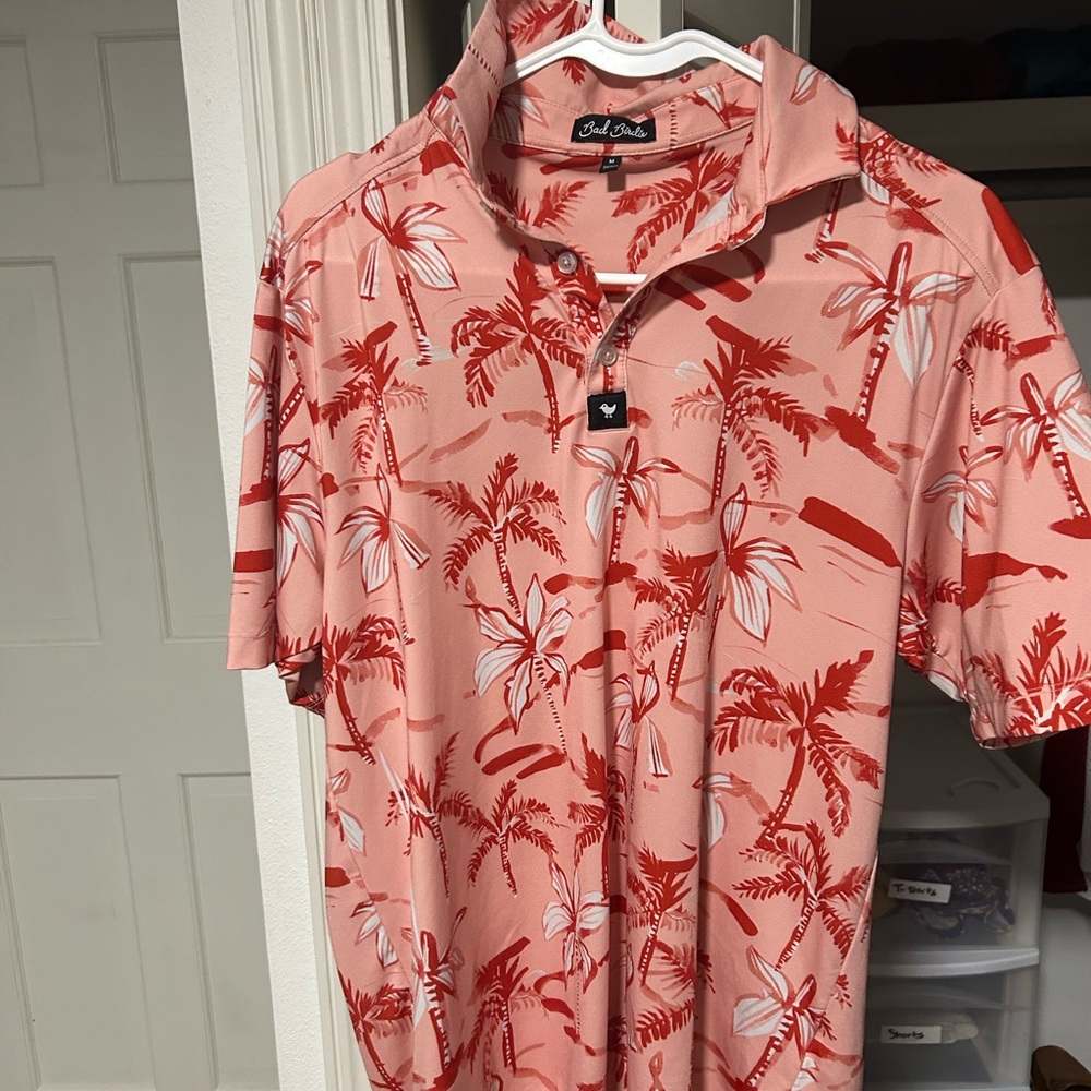 Bad Birdie Coral and Red Palm Print Shirt
